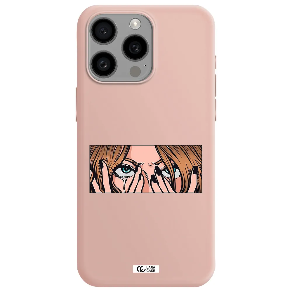 a cartoon of a woman holding her eyes Apple Iphone 15 Pro max Silicone pastel pink Case
