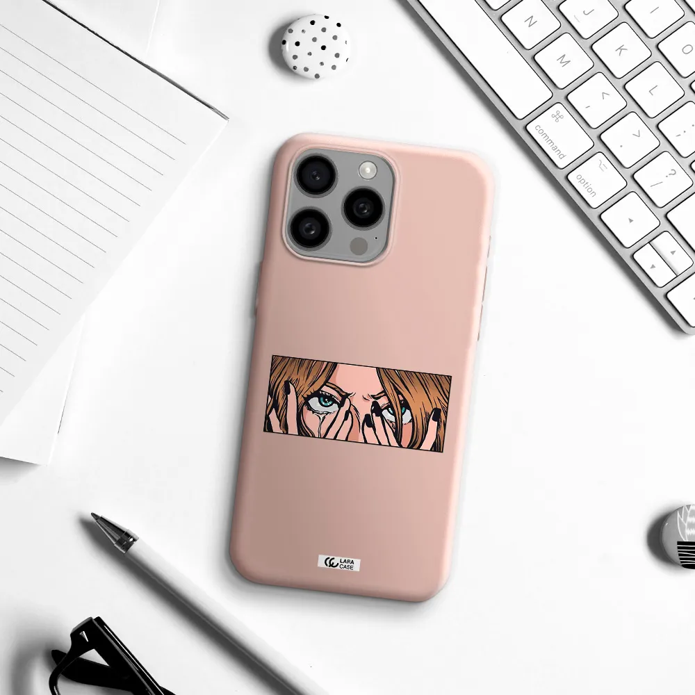 a cartoon of a woman holding her eyes Apple Iphone 15 Pro max Silicone pastel pink Case