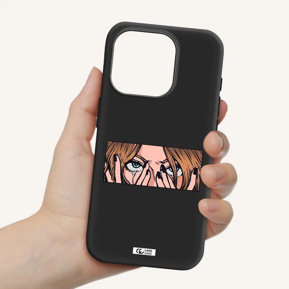 A Cartoon Of A Woman Holding Her Eyes Apple Iphone 15 Pro Silicone Black Case