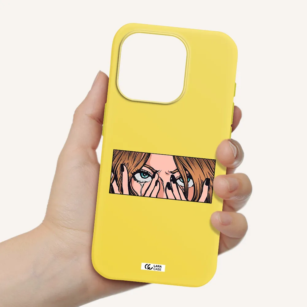 A Cartoon Of A Woman Holding Her Eyes Apple Iphone 15 Pro Silicone Canary Yellow Case