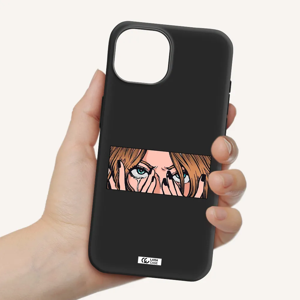 a cartoon of a woman holding her eyes Apple iPhone 15 Silicone black Case