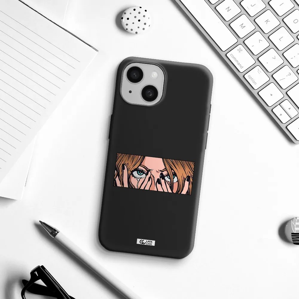 a cartoon of a woman holding her eyes Apple iPhone 15 Silicone black Case