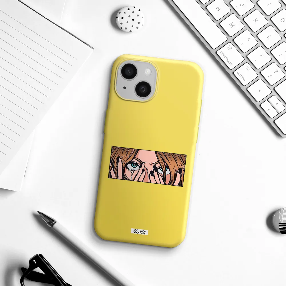 a cartoon of a woman holding her eyes Apple iPhone 15 Silicone canary yellow Case