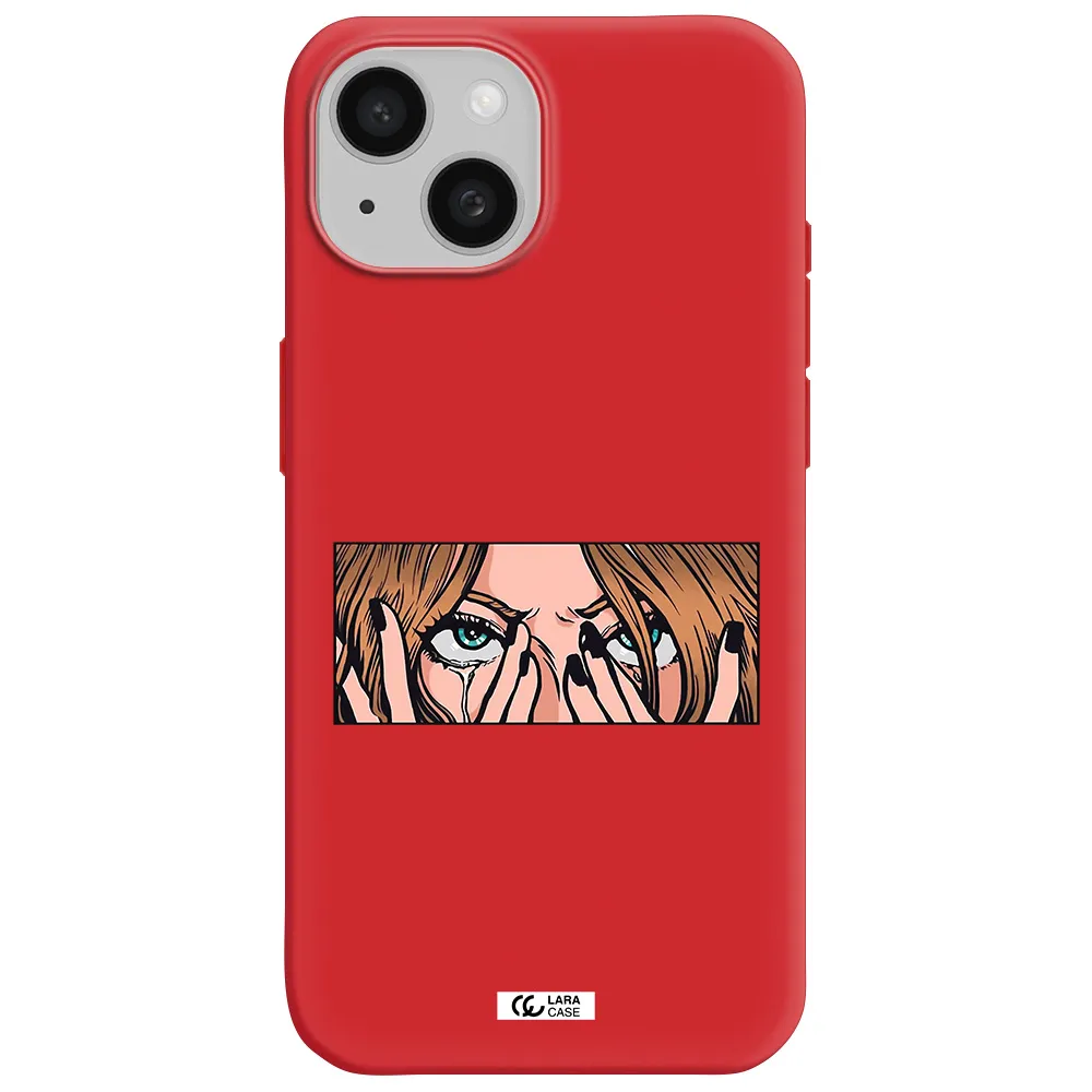 A Cartoon Of A Woman Holding Her Eyes Apple Iphone 15 Silicone Imperial Red Case