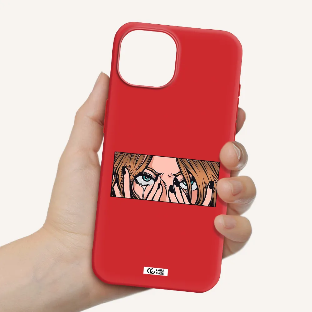 A Cartoon Of A Woman Holding Her Eyes Apple Iphone 15 Silicone Imperial Red Case
