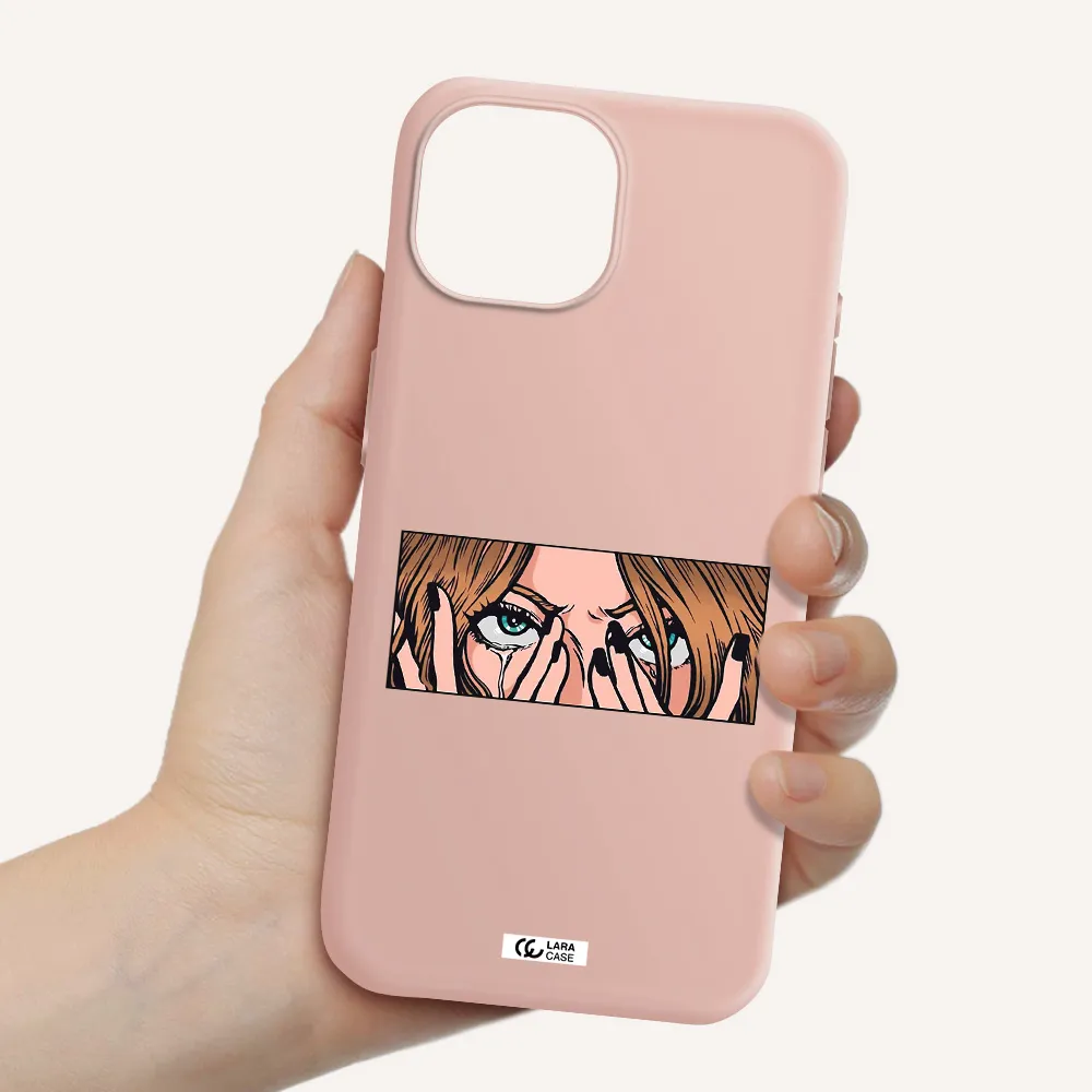 A Cartoon Of A Woman Holding Her Eyes Apple Iphone 15 Silicone Pastel Pink Case
