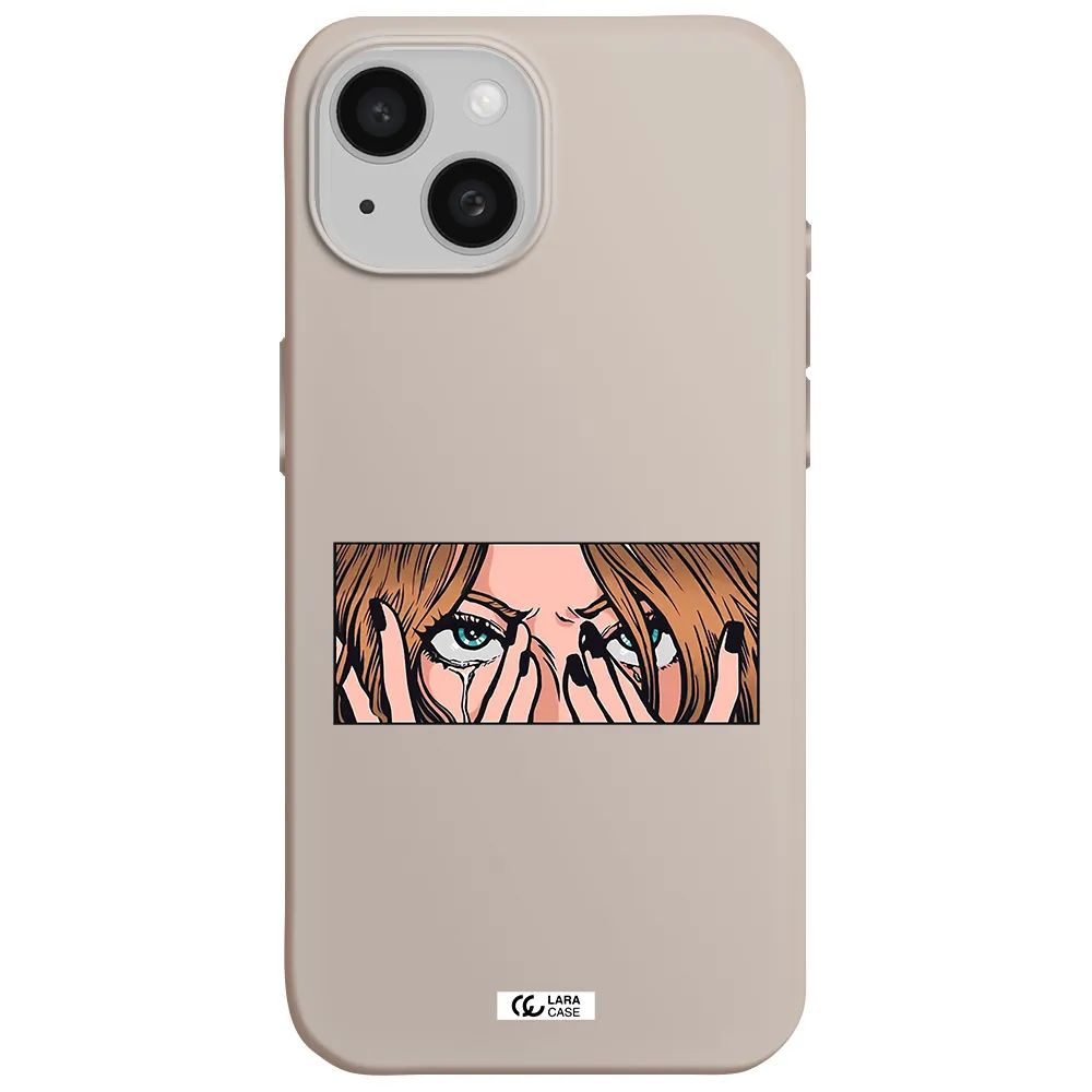 a cartoon of a woman holding her eyes Apple iPhone 15 Silicone Stone Case