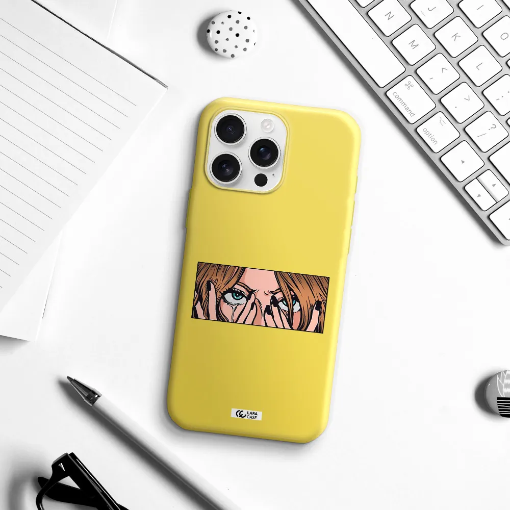 A Cartoon Of A Woman Holding Her Eyes Apple Iphone 16 Pro Max Silicone Canary Yellow Case