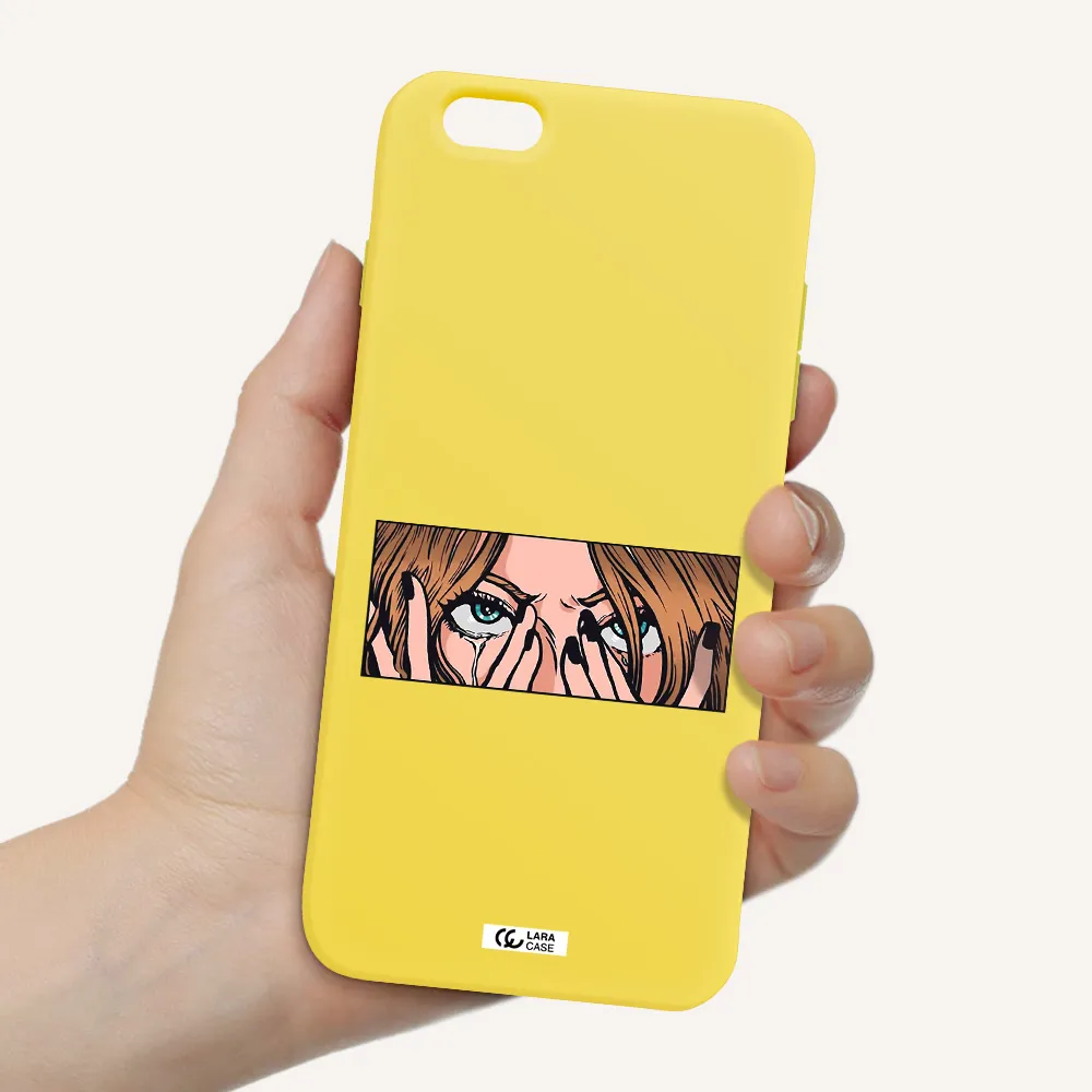 a cartoon of a woman holding her eyes Apple iPhone 6 plus Silicone canary yellow Case