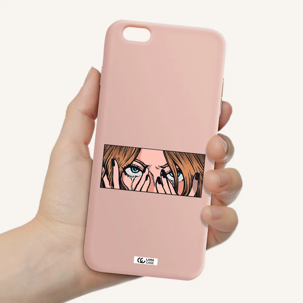 a cartoon of a woman holding her eyes Apple iPhone 6 plus Silicone pastel pink Case