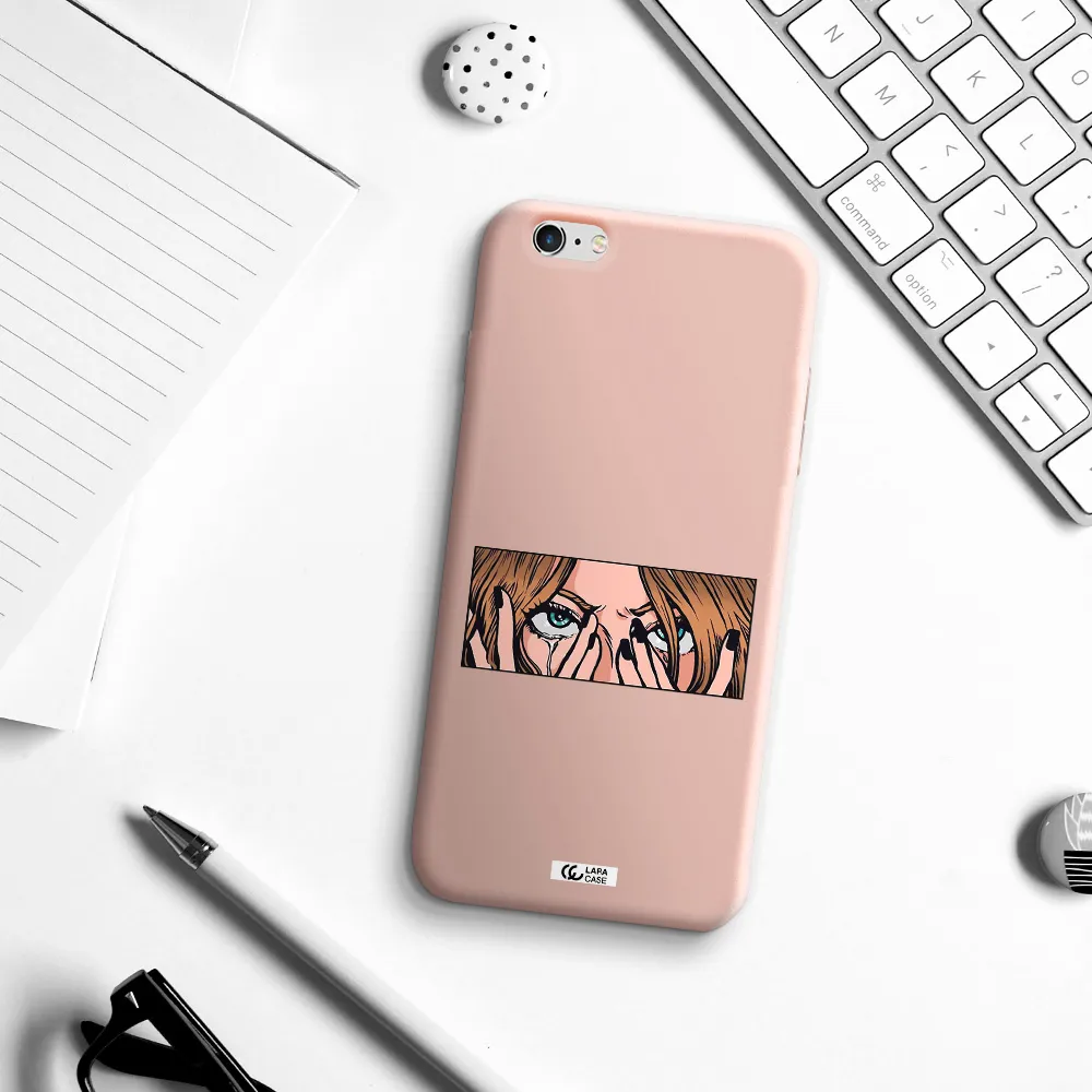 a cartoon of a woman holding her eyes Apple iPhone 6 s plus Silicone pastel pink Case