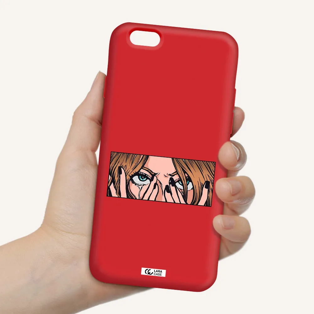 a cartoon of a woman holding her eyes Apple iPhone 6 Silicone Imperial Red Case