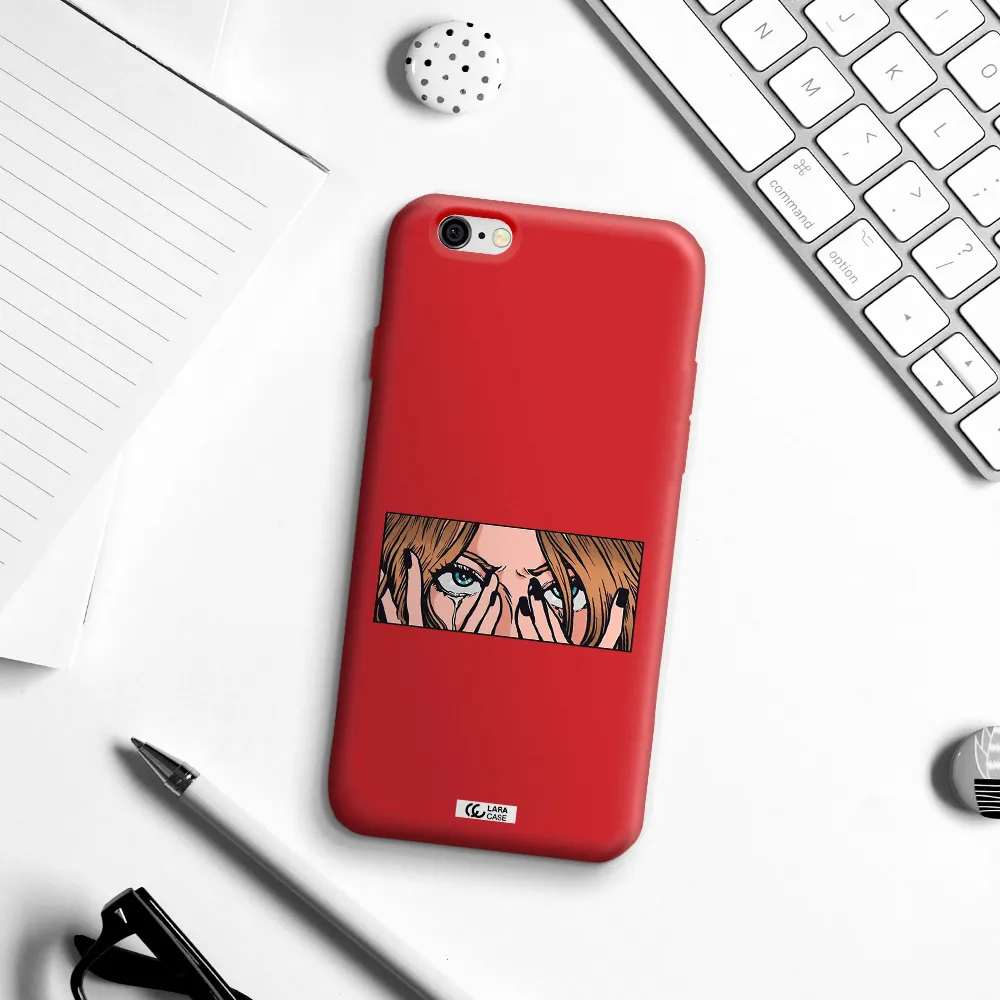 a cartoon of a woman holding her eyes Apple iPhone 6 Silicone Imperial Red Case