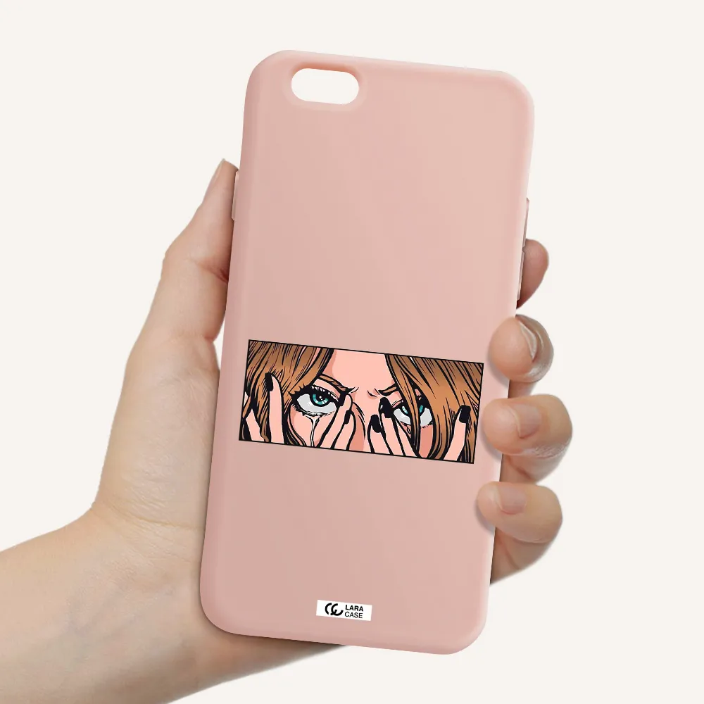 a cartoon of a woman holding her eyes Apple iPhone 6 Silicone pastel pink Case