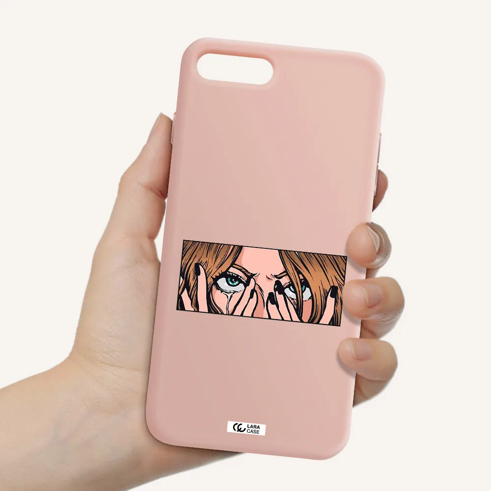 a cartoon of a woman holding her eyes Apple iPhone 7 plus Silicone pastel pink Case