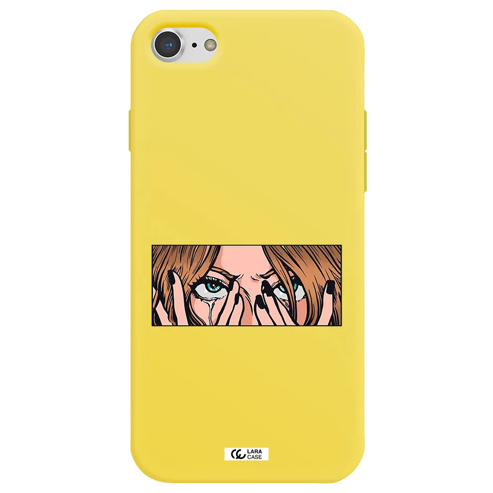 a cartoon of a woman holding her eyes Apple iPhone 7 Silicone canary yellow Case