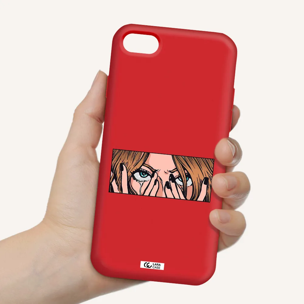 a cartoon of a woman holding her eyes Apple iPhone 7 Silicone Imperial Red Case