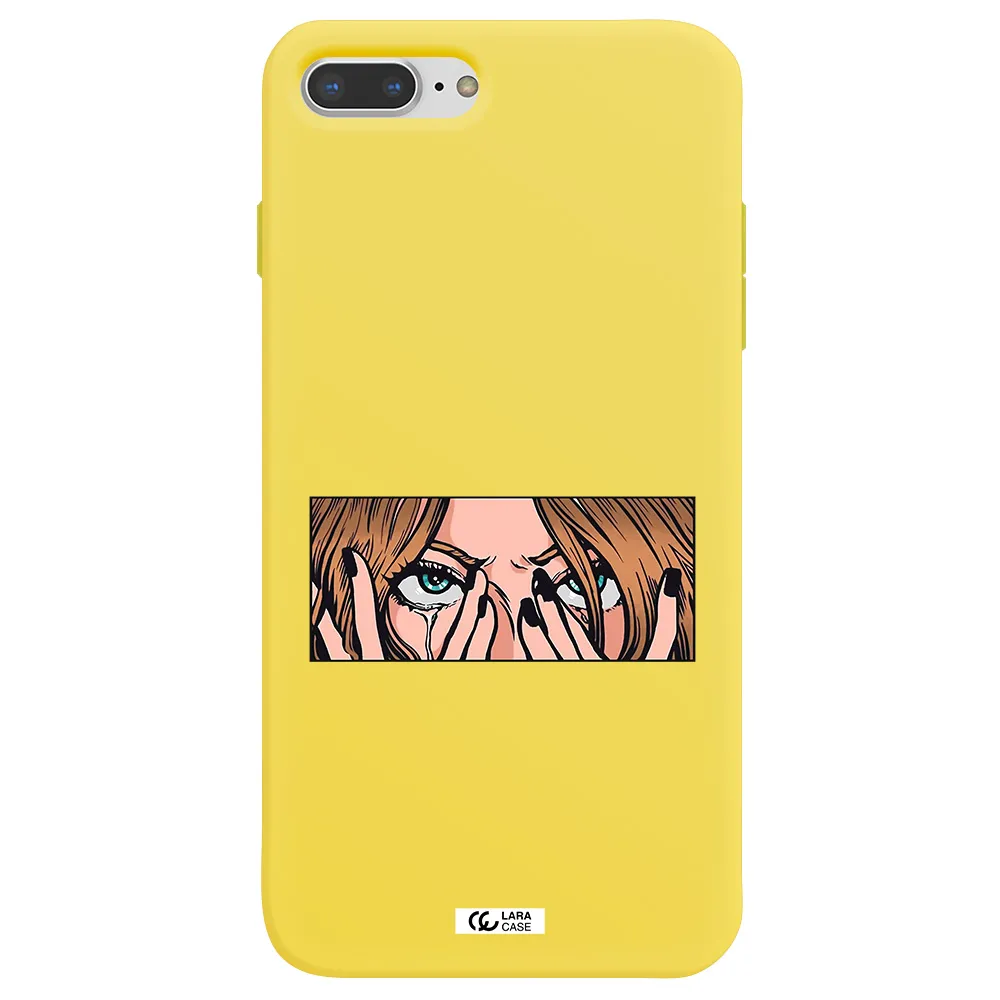 a cartoon of a woman holding her eyes Apple iPhone 8 plus Silicone canary yellow Case