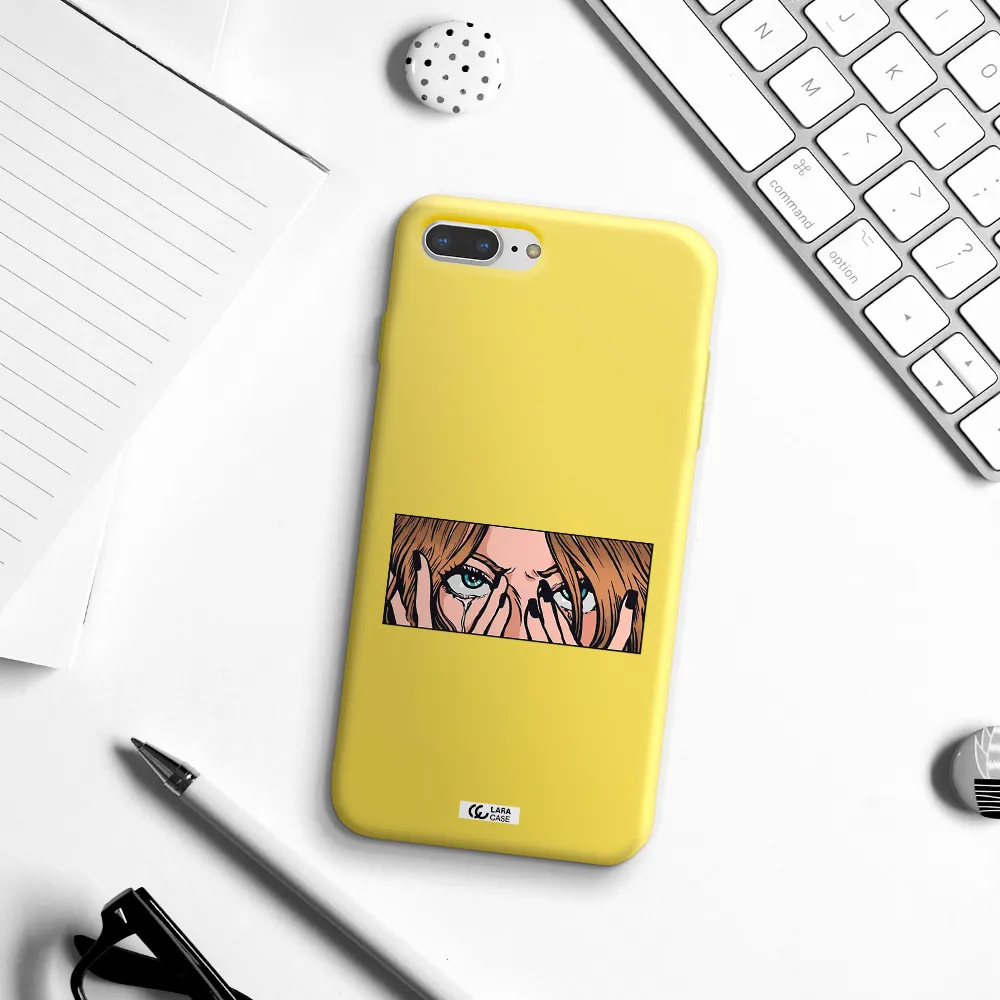 a cartoon of a woman holding her eyes Apple iPhone 8 plus Silicone canary yellow Case