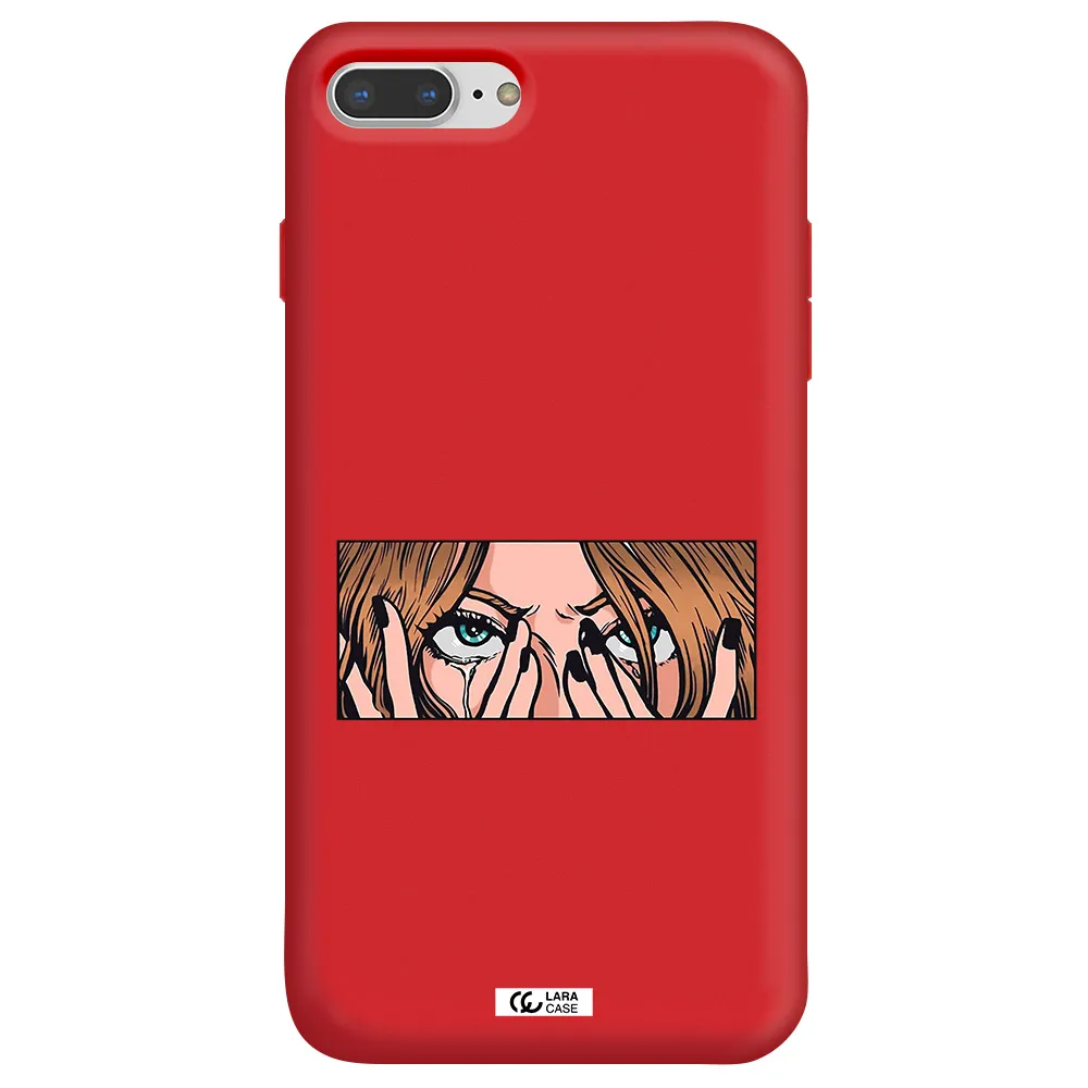 a cartoon of a woman holding her eyes Apple iPhone 8 plus Silicone Imperial Red Case
