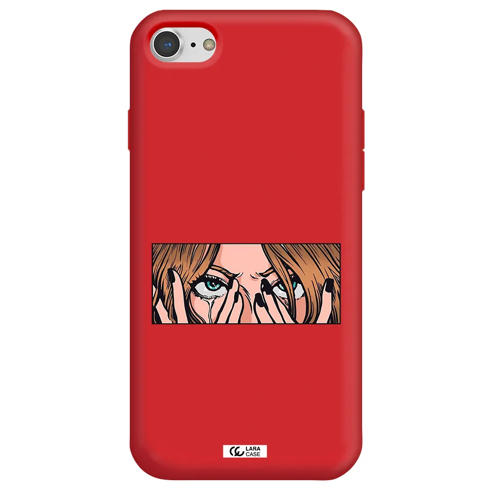 a cartoon of a woman holding her eyes Apple iPhone 8 Silicone Imperial Red Case