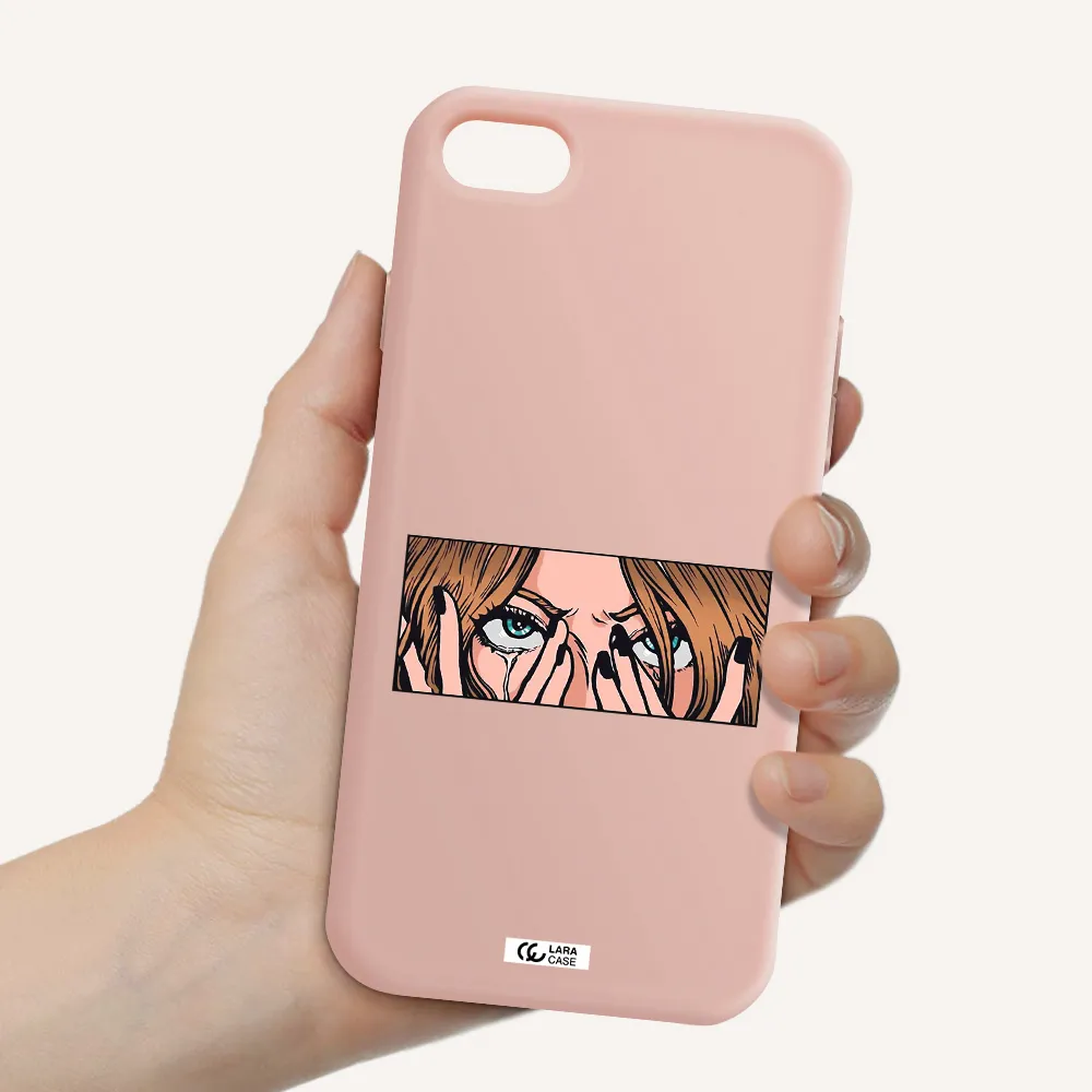 a cartoon of a woman holding her eyes Apple iPhone 8 Silicone pastel pink Case