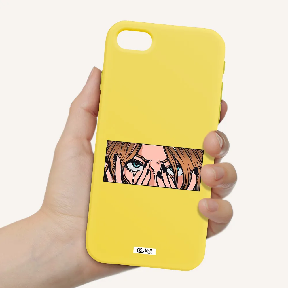 a cartoon of a woman holding her eyes Apple iPhone se 2020 Silicone canary yellow Case