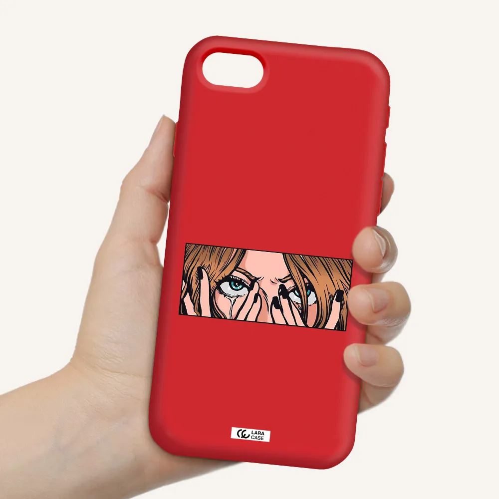 a cartoon of a woman holding her eyes Apple iPhone se 2020 Silicone Imperial Red Case