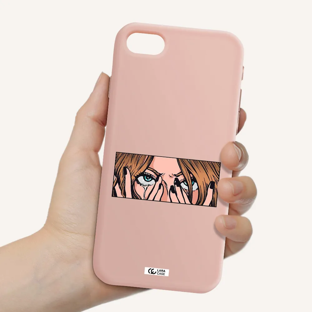 a cartoon of a woman holding her eyes Apple iPhone se 2020 Silicone pastel pink Case