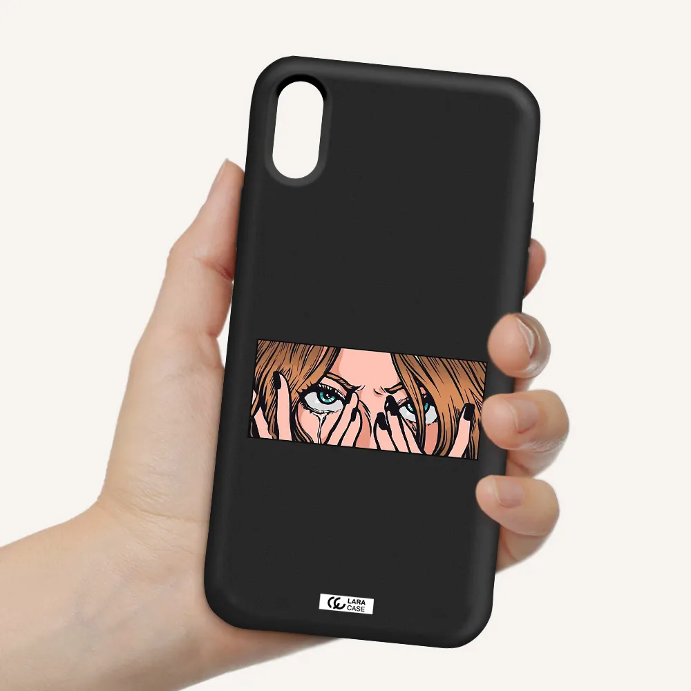 a cartoon of a woman holding her eyes Apple iPhone X Silicone black Case