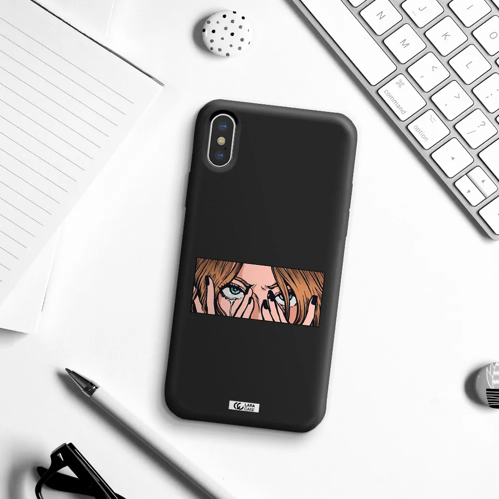 a cartoon of a woman holding her eyes Apple iPhone X Silicone black Case