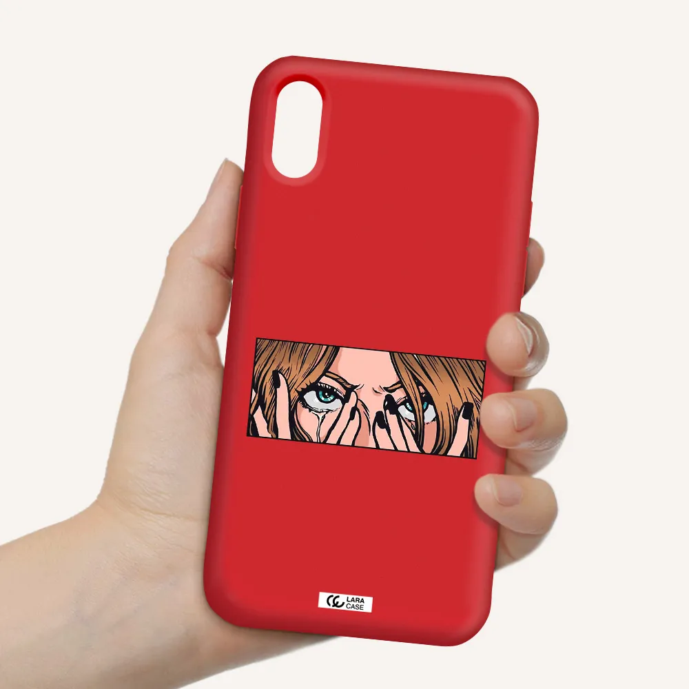 a cartoon of a woman holding her eyes Apple iPhone X Silicone Imperial Red Case