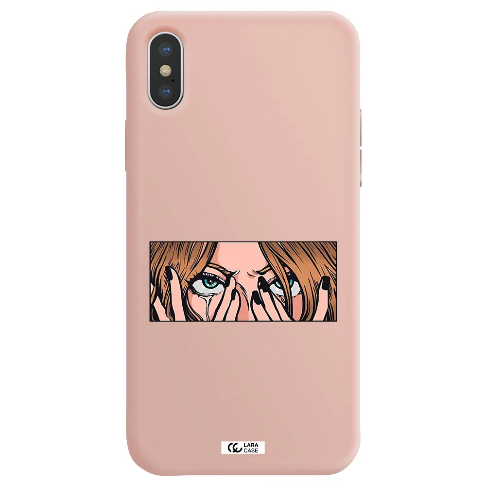 a cartoon of a woman holding her eyes Apple iPhone X Silicone pastel pink Case
