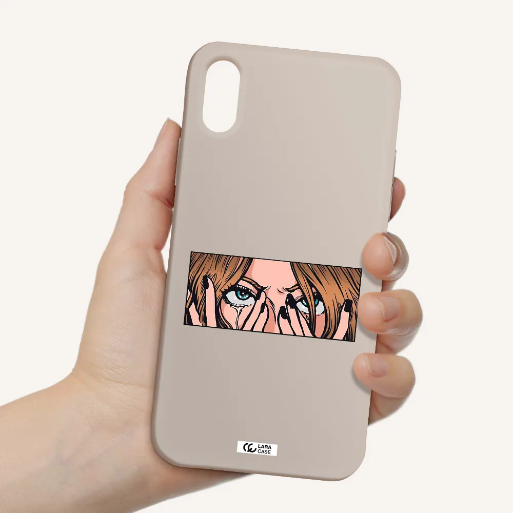 a cartoon of a woman holding her eyes Apple iPhone X Silicone Stone Case