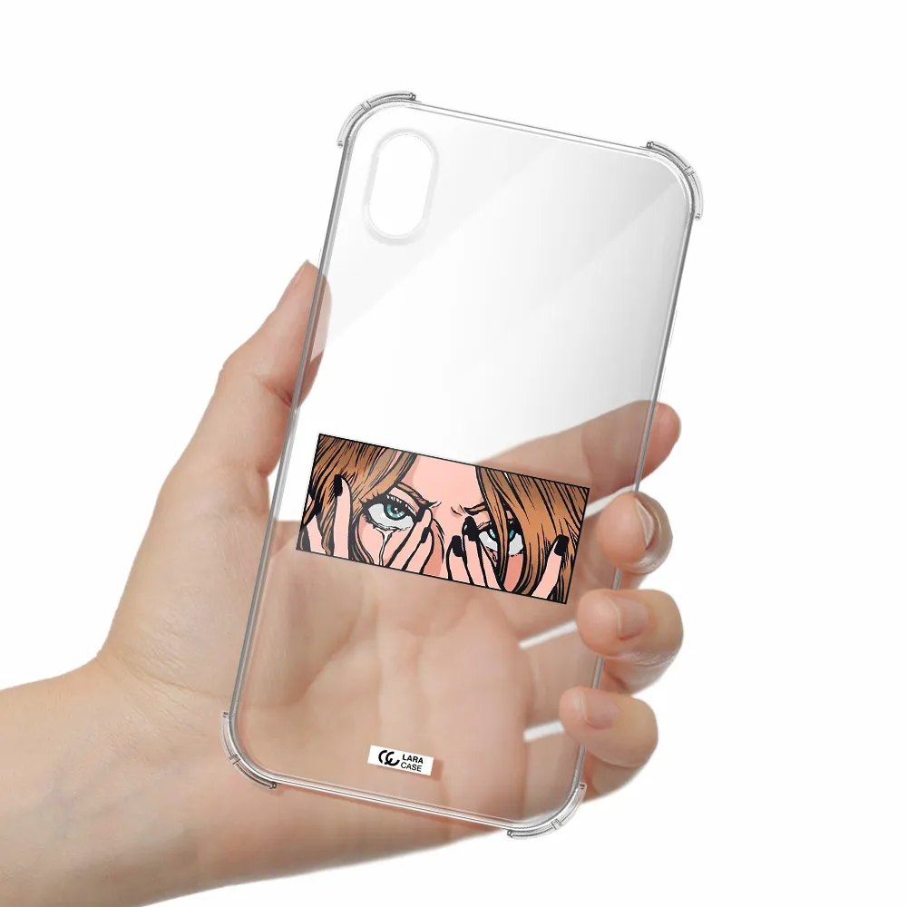 a cartoon of a woman holding her eyes Apple iPhone XR Clear PC Case