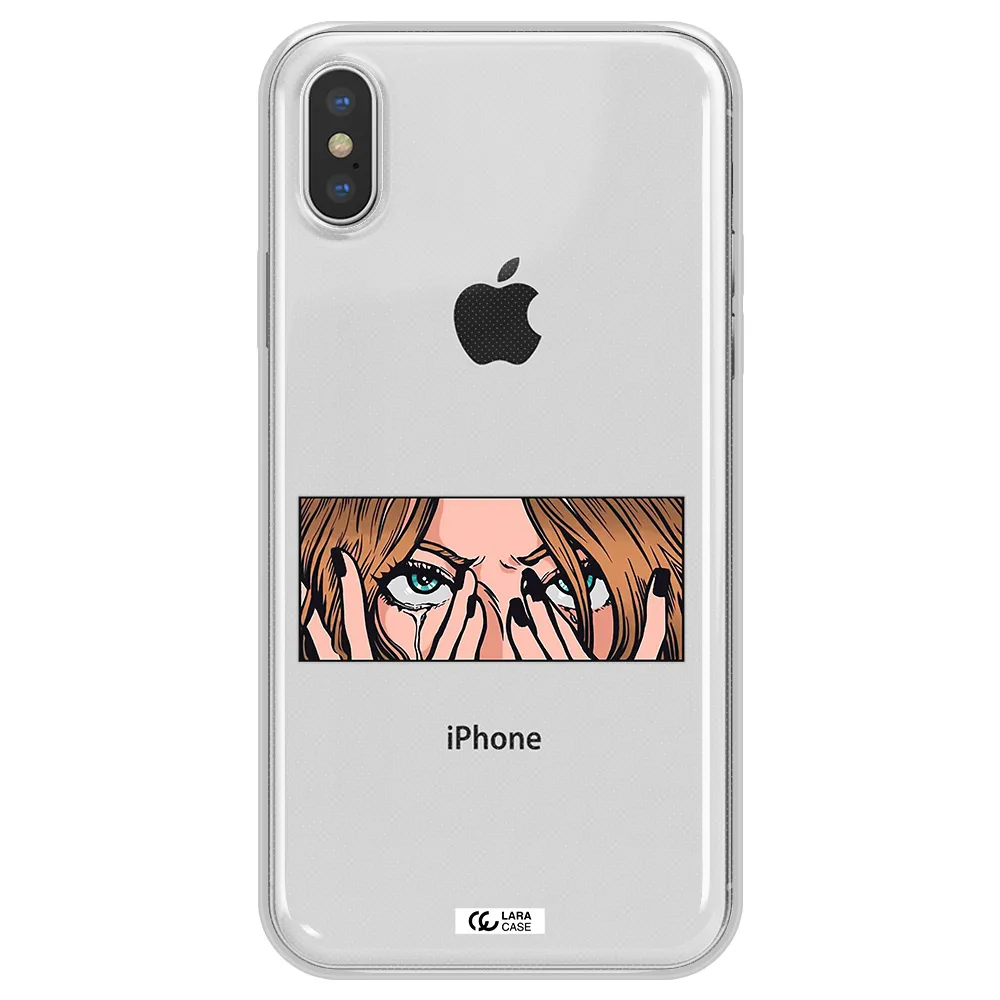 a cartoon of a woman holding her eyes Apple iPhone XS Clear TPU Case
