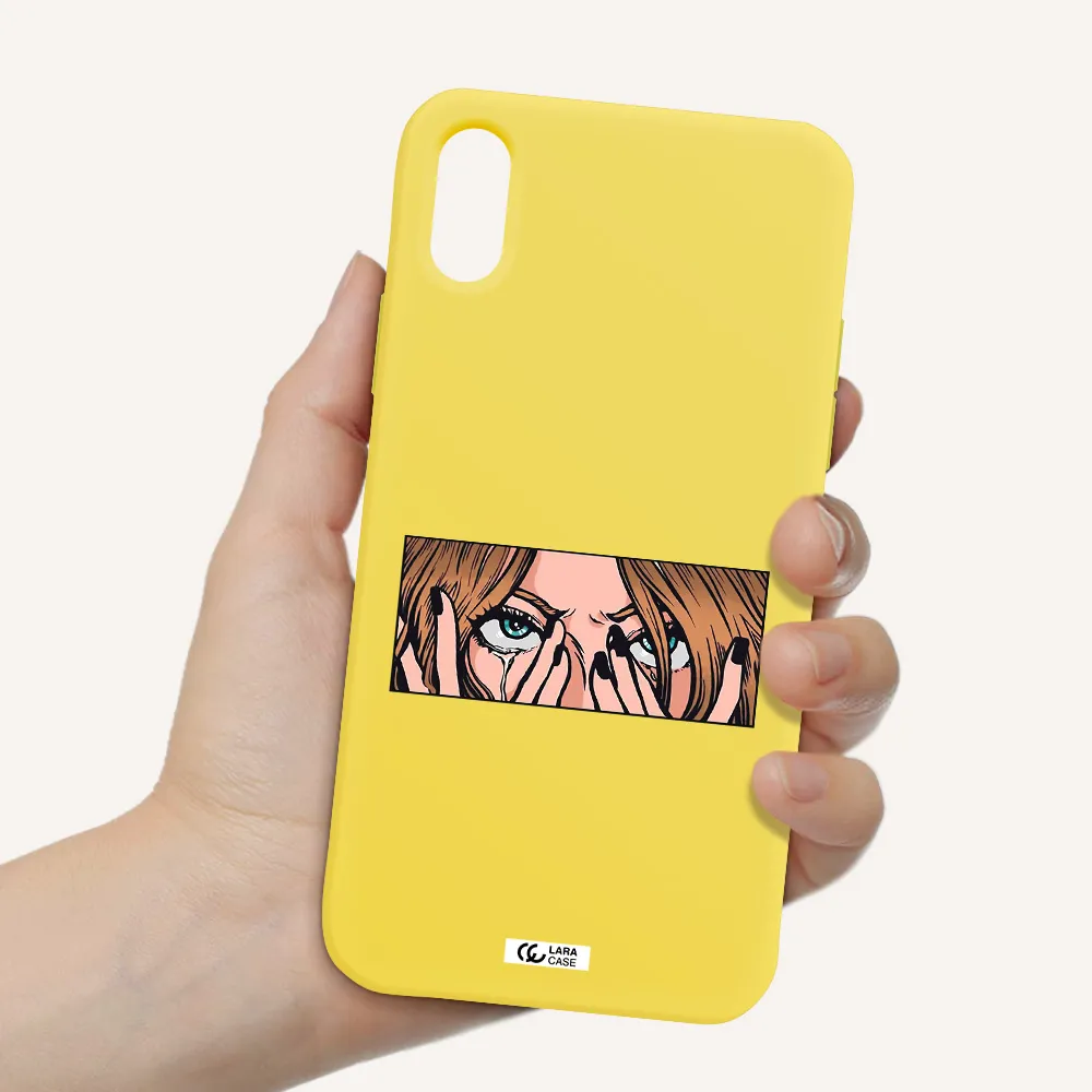 a cartoon of a woman holding her eyes Apple iPhone XS Silicone canary yellow Case
