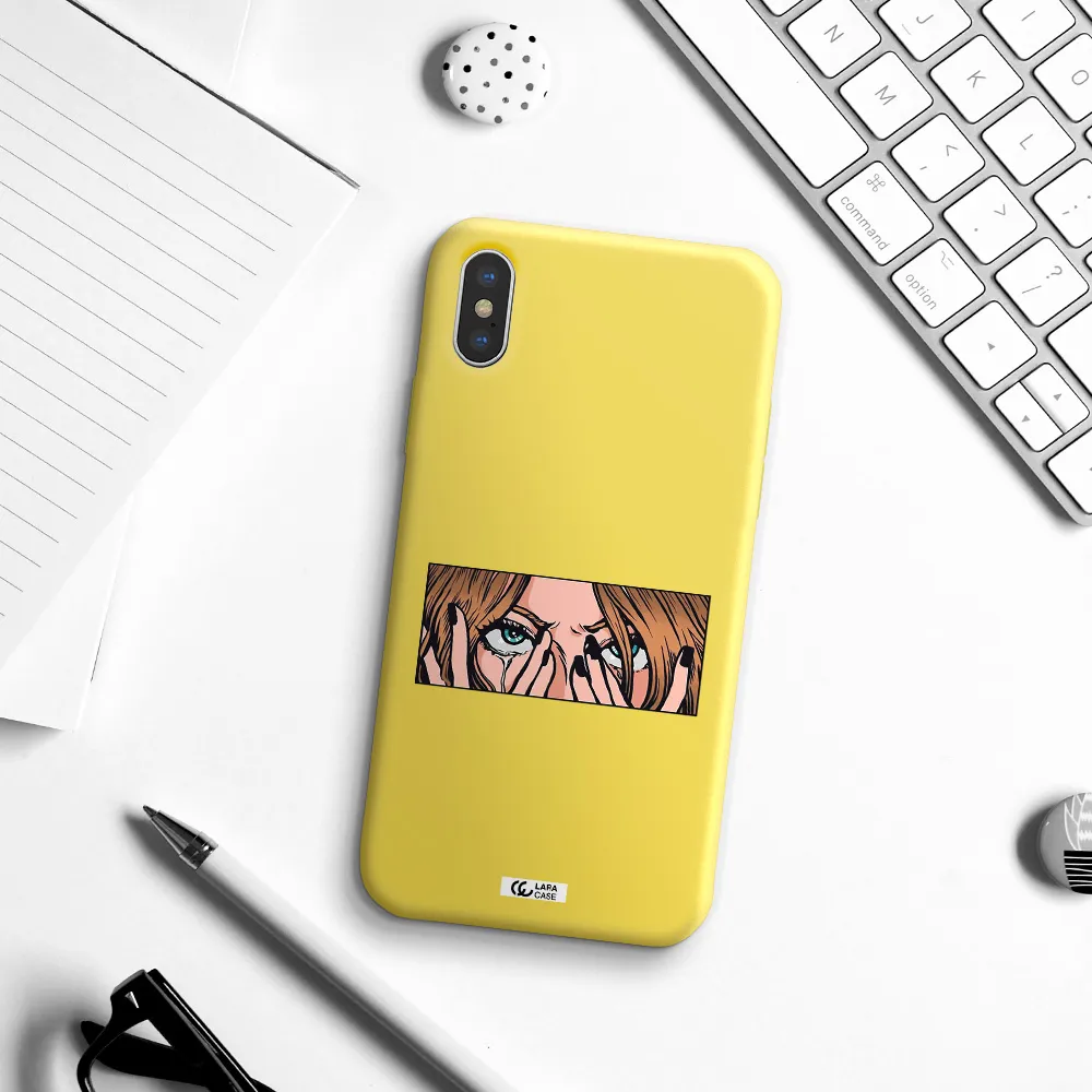 a cartoon of a woman holding her eyes Apple iPhone XS Silicone canary yellow Case