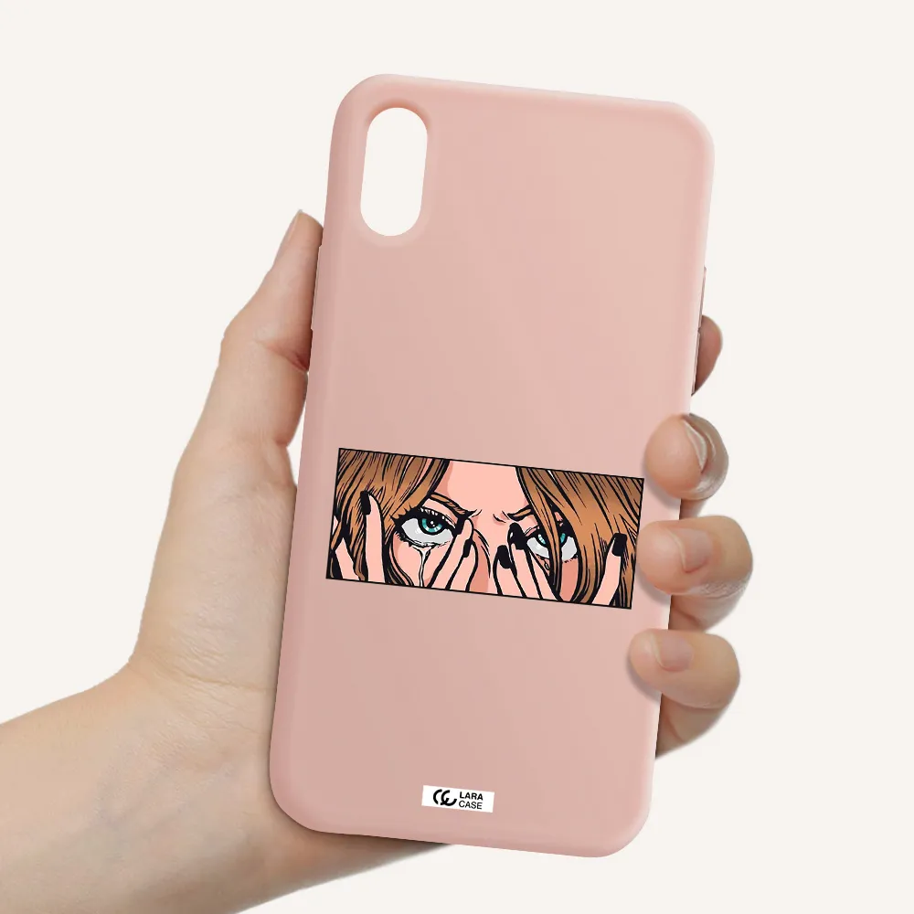 a cartoon of a woman holding her eyes Apple iPhone XS Silicone pastel pink Case