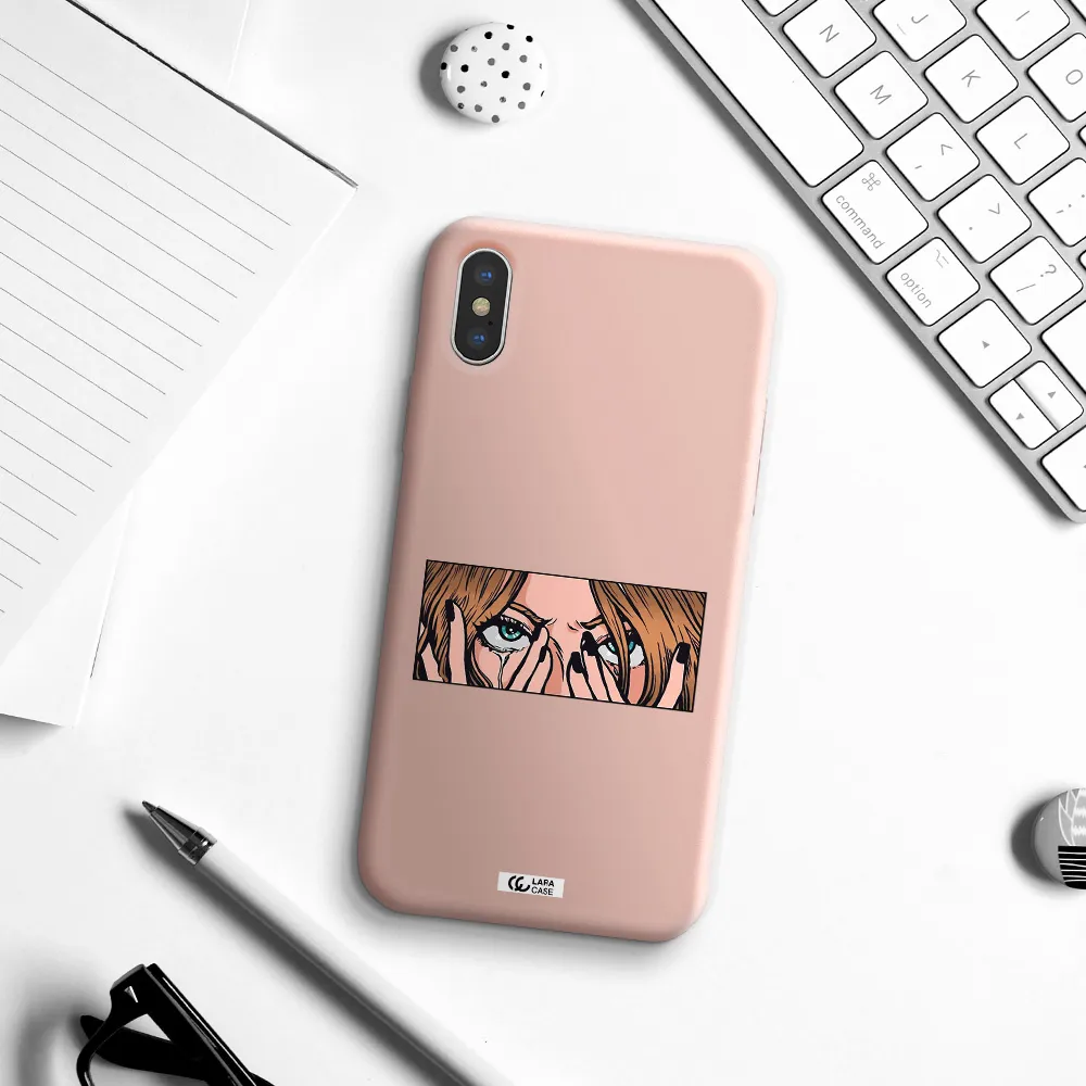 a cartoon of a woman holding her eyes Apple iPhone XS Silicone pastel pink Case