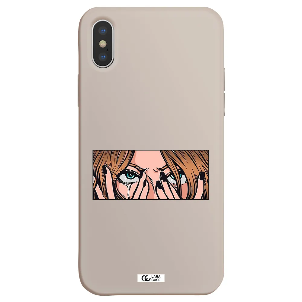 a cartoon of a woman holding her eyes Apple iPhone XS Silicone Stone Case