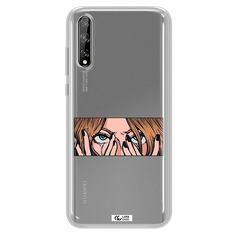 a cartoon of a woman holding her eyes Huawei P Smart S Clear TPU Case