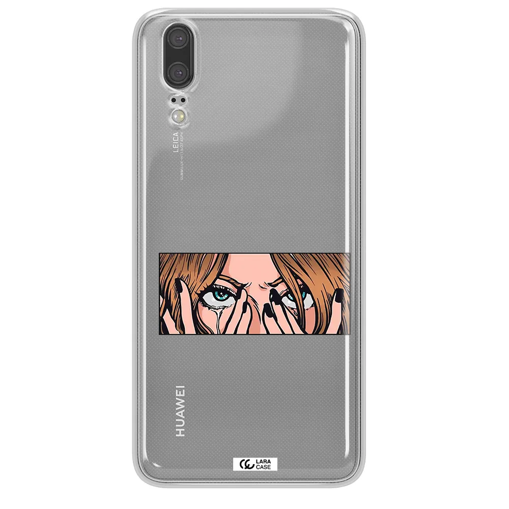a cartoon of a woman holding her eyes Huawei P20 Clear TPU Case