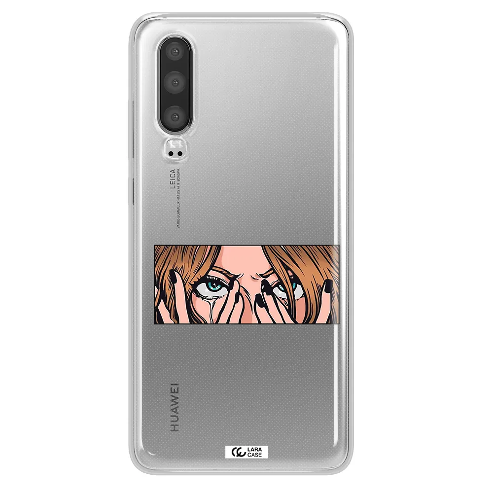 a cartoon of a woman holding her eyes Huawei P30 Clear TPU Case