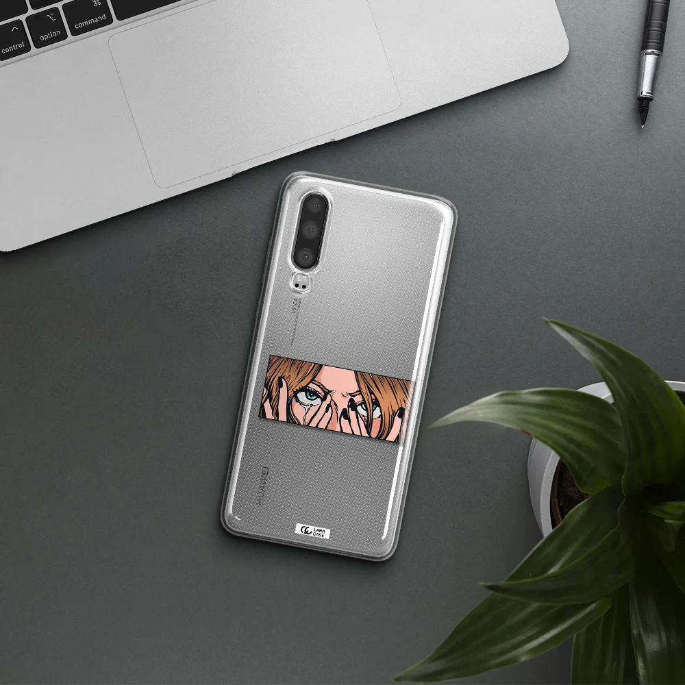 a cartoon of a woman holding her eyes Huawei P30 Clear TPU Case