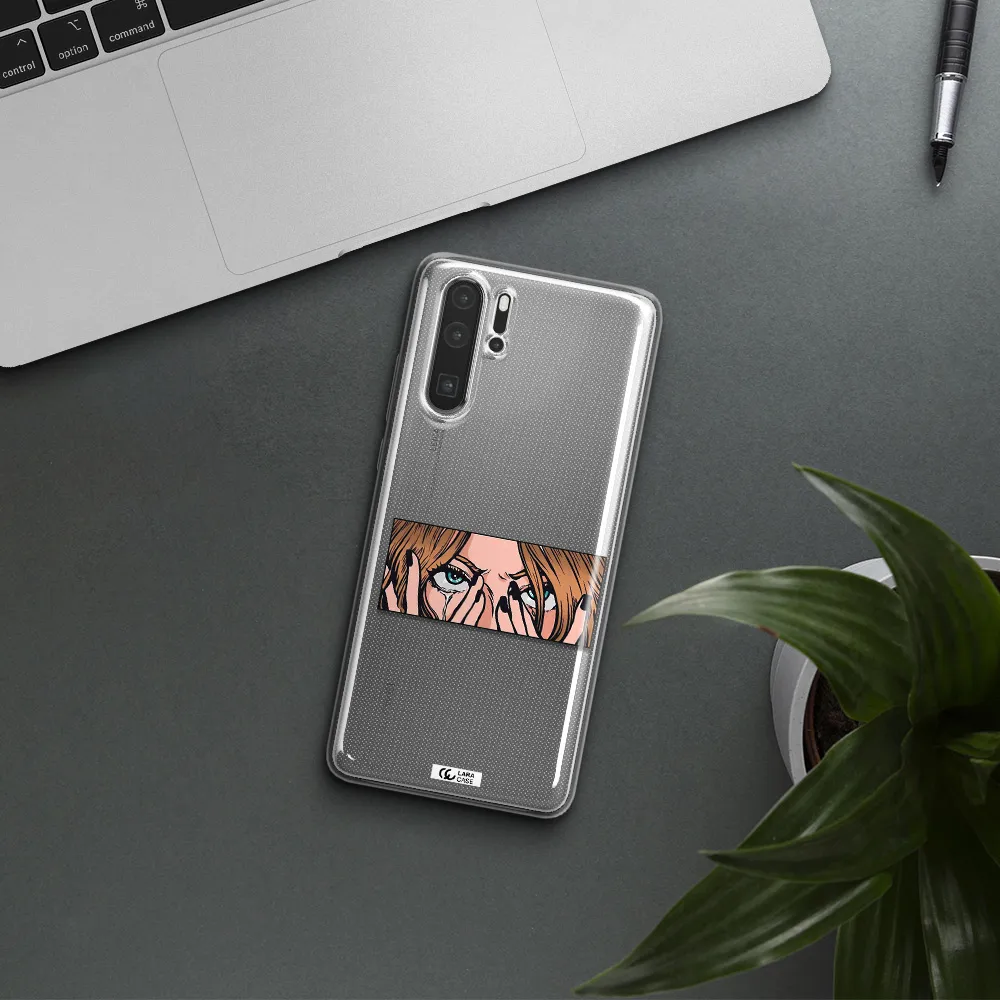 a cartoon of a woman holding her eyes Huawei P30 Pro Clear TPU Case
