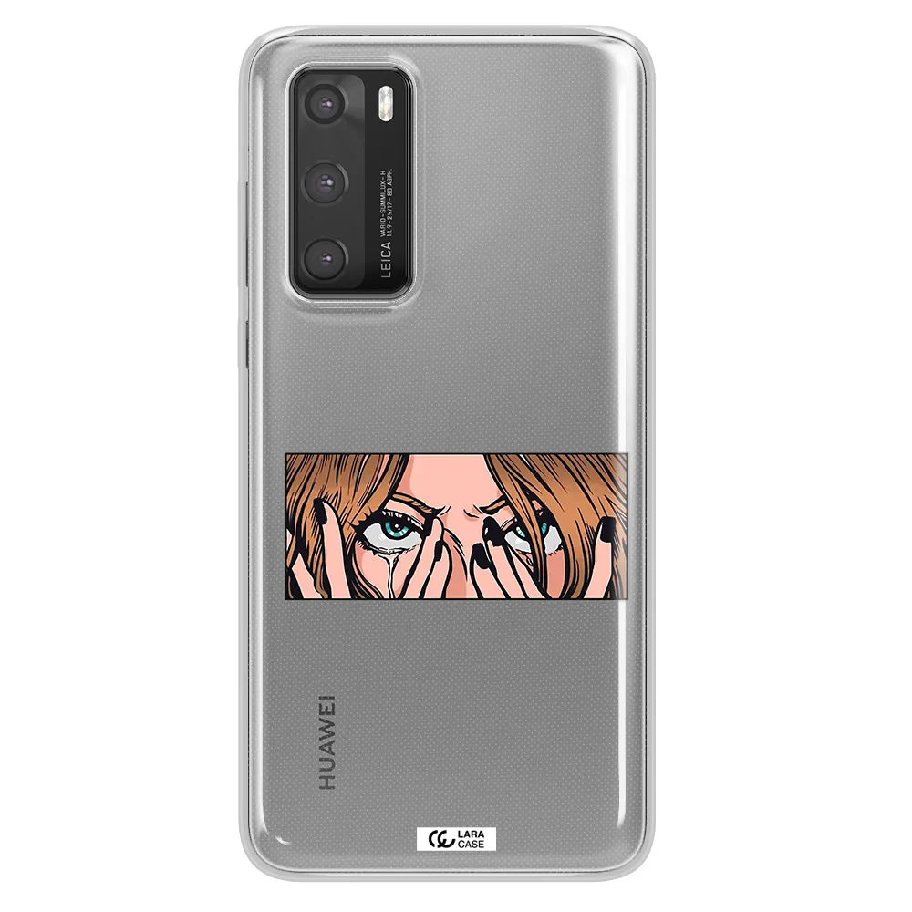 a cartoon of a woman holding her eyes Huawei P40 Clear TPU Case