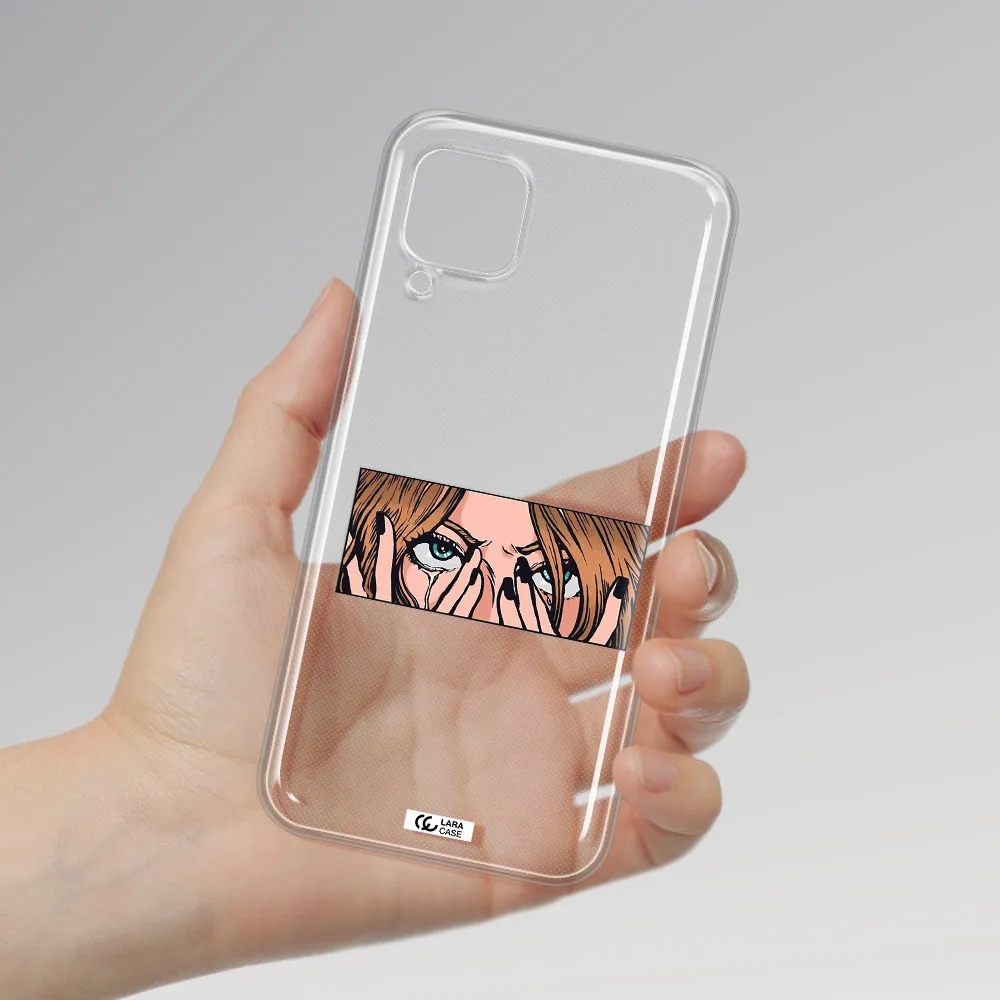 a cartoon of a woman holding her eyes Huawei P40 Lite Clear TPU Case