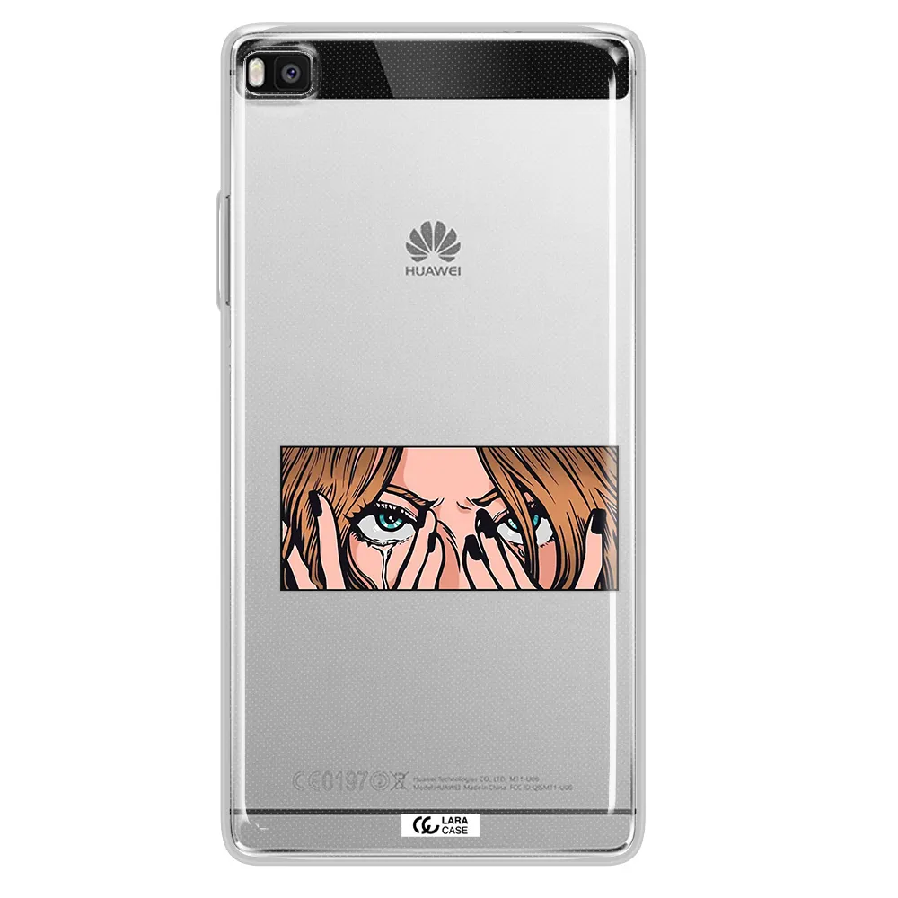 a cartoon of a woman holding her eyes Huawei P8 Clear TPU Case