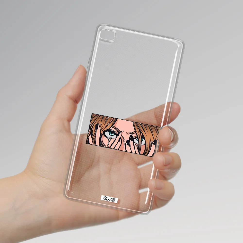 a cartoon of a woman holding her eyes Huawei P8 Clear TPU Case